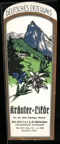 Getränkeetikett Gebr. Illert, Kl.-Auheim-Hanau, Kräuter Likör, Edelweiss und Alpenweide