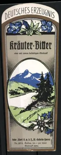 Getränkeetikett Gebr. Illert, Kl.-Auheim-Hanau, Kräuter-Likör, Alpenhof mit Bergpanorama