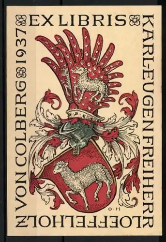 Exlibris Karl-Eugen Freiherr Loeffelholz von Colberg, 1937, Wappen