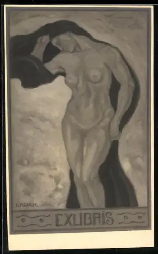 Exlibris A. Rauch, Frauenakt mit langem Haar