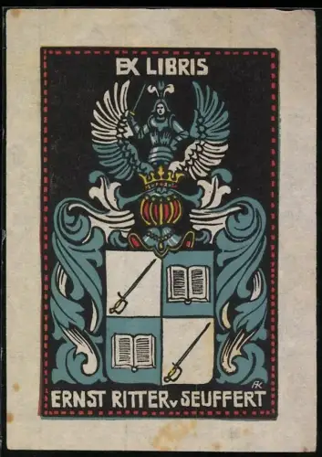 Exlibris Ernst Ritter v. Seuffert, Wappen mit Schwertern und Büchern