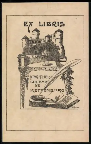 Exlibris Mar. Theresia, Lib. Baron de Kettenburg, Burg und Feder