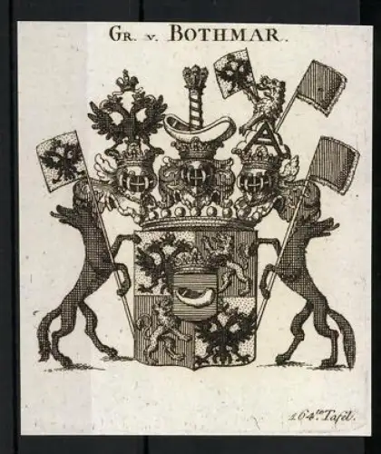 Exlibris Gr. v. Bothmar, Wappen mit Löwen und Fahnen