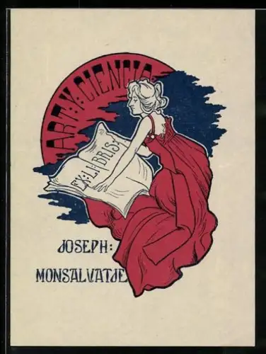 Exlibris Joseph Monsalvatje, Frau in rotem Kleid mit Buch, Jugendstil