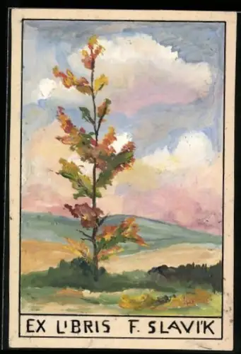 Exlibris F. Slavík, Landschaft mit Baum im Vordergrund, Handgemalt Acryl