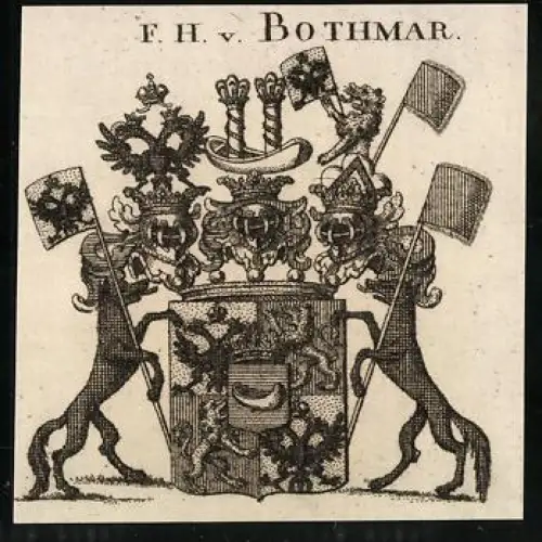Exlibris F. H. v. Bothmar, Wappen mit Löwen und Fahnen