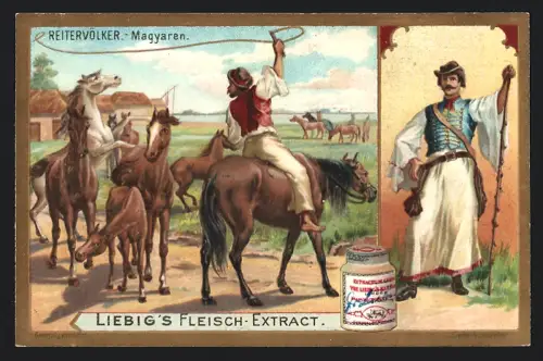 6 Sammelbilder Liebig, Serie Nr. 724: Reitervölker, Indianer, Araber, Magyaren, Tscherkessen, Kosaken