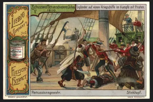6 Sammelbilder Liebig, Serie Nr. 657: Schusswaffen verschiedener Zeiten, Mittelalter, Alterthum, 1850, 30-jähriger Krieg