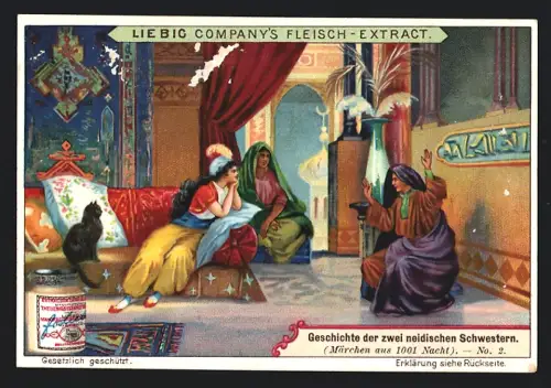 6 Sammelbilder Liebig, Serie Nr. 685: Geschichte der zwei neidischen Schwestern, Märchen aus 1001 Nacht