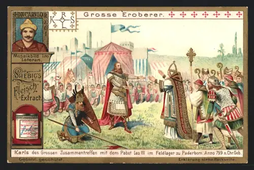 6 Sammelbilder Liebig, Serie Nr. 725: Grosse Eroberer, Tutmosis III, Alexander der Grosse, Caesar, Cyrus