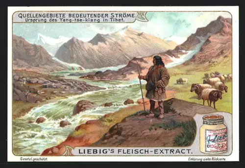 6 Sammelbilder Liebig, Serie Nr. 945: Quellengebiete bedeutender Ströme, Rhone, Mississippifälle, Quellfälle d. Jenissei