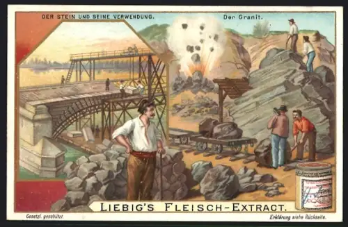 6 Sammelbilder Liebig, Serie Nr. 745: Stein und seine Verwendung, Basalt, Schiefer, Marmor, Sandstein, Kalkschiefer