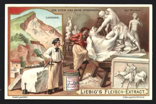6 Sammelbilder Liebig, Serie Nr. 745: Stein und seine Verwendung, Basalt, Schiefer, Marmor, Sandstein