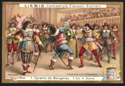 6 Sammelbilder Liebig, Serie Nr. 961: Cyrano de Bergerac, 3. Act 1. Scene, 5. Act 6. Scene, 2. Act 4. Scene