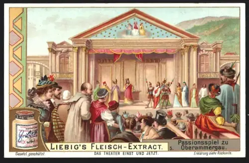 6 Sammelbilder Liebig, Serie Nr. 842: Theater einst und jetzt, Shakespearetheater, Theater unter Ludwig XIV