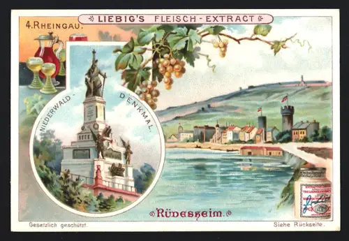 6 Sammelbilder Liebig, Serie Nr. 681: Rheinansichten, Niederrhein, Mittel-Rhein, Hoch-Rhein, Rheingau