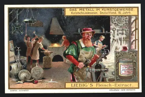 6 Sammelbilder Liebig, Serie Nr. 879: Das Metall im Kunstgewerbe, Italienische Goldschmiedekunst, Zinngiesserei Flandern