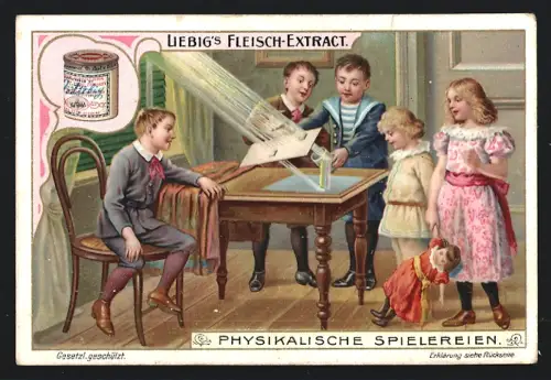 6 Sammelbilder Liebig, Serie Nr. 777: Physikalische Spielereien, Kinder beim Experimentieren