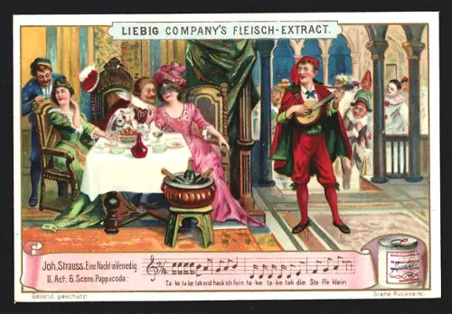 6 Sammelbilder Liebig, Serie Nr. 687: Johann Strauss, Prinz Methusalem, Die Fledermaus, Eine Nacht in Venedig