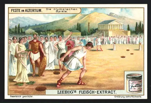 6 Sammelbilder Liebig, Serie Nr. 928: Feste im Altertum, Laubhüttenfest der Hebräer, Olympische Spiele, Erntedankfest