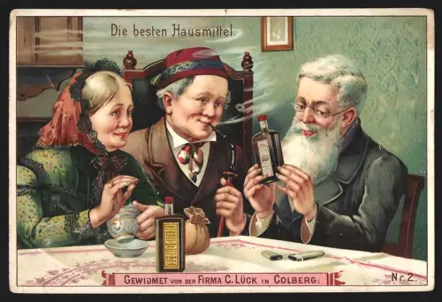 Sammelbild Dr. Fernest`sche Lebensessenz, Paar mit Verkäufer an einem Tisch sitzend