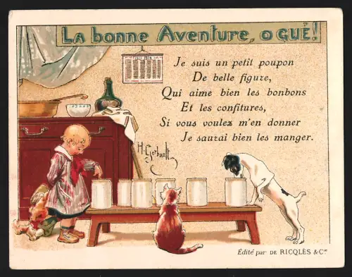 Sammelbild Alcool de Menthe, Kind, Hund und Katze schauen interessiert in Dosen