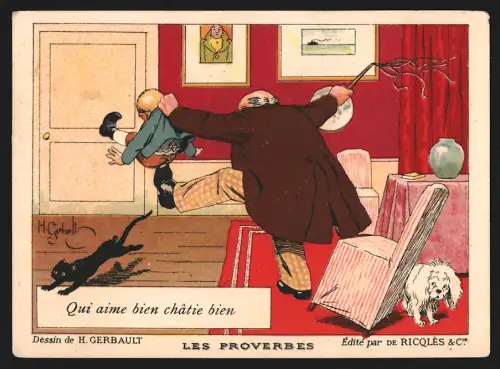 Sammelbild Alcool de Menthe Ricoles, Mann versolt einen Jungen