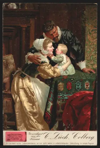 Sammelbild Eltern mit ihrem kleinen Kind, C. Lück Kräuterhonig, Kräutertee