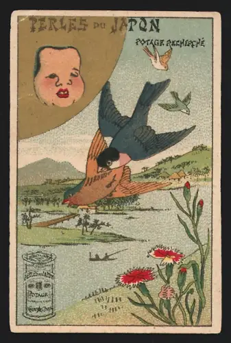 Sammelbild Paris, A. Chapu, Perles du Japon, Potage Recherché, Vögel im Fluge über japanischer Landschaft