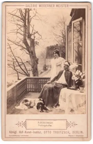 Fotografie Otto Troitzsch, Berlin, Paar mit Hund auf Terrasse, nach dem Gemälde Frühlingshoffen von R. Eichstaedt