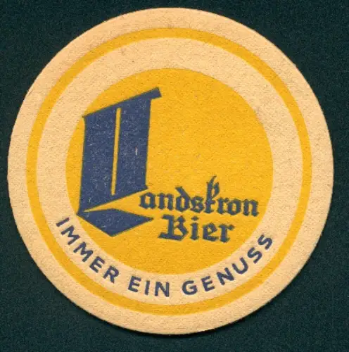 Bierdeckel Landskron Bier, Logo mit gelbem Kreis und Rahmen