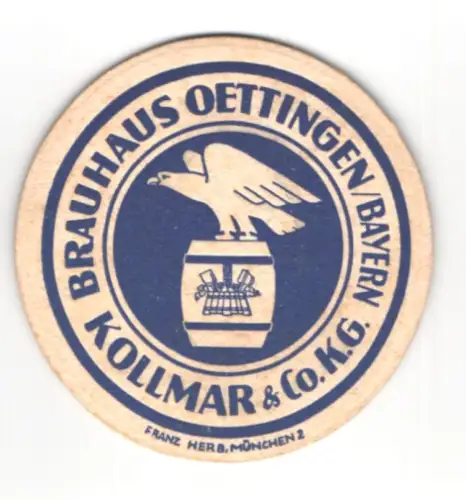 Bierdeckel Oettingen /Bayern, Brauhaus Oettingen, Kollmar & Co KG, Adler auf Fass