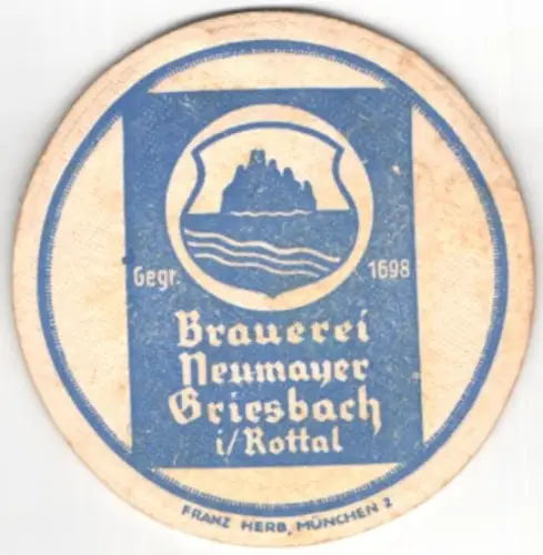 Bierdeckel Griesbach i. Rottal, Brauerei Neumayer, Wappen mit Insel