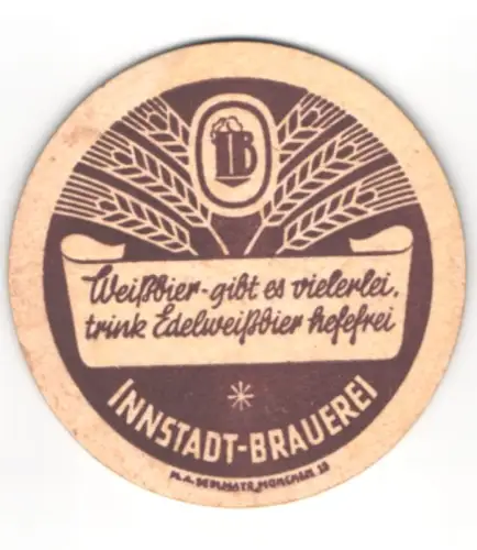 Bierdeckel Innstadt-Brauerei, Edelweissbier, Logo mit Bierkrug