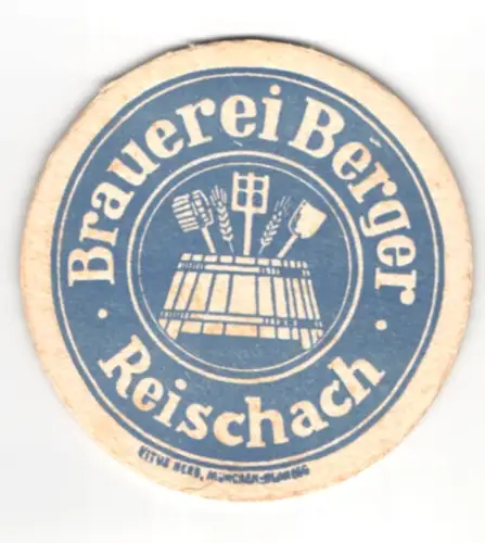 Bierdeckel Reischach, Brauerei Berger, Bierfass mit Ähren