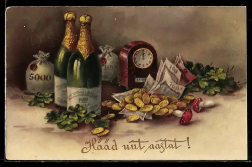 AK Geldsäcke, Münzen, Geldscheine, Sektflaschen, Uhr, Kleeblätter, Fliegenpilze, Neujahrsgruss