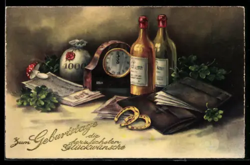 AK Geldsack, Münzen, Brieftasche, Weinflaschen, Uhr, Klee, Fliegenpilz, Hufeisen, Geburtstagsgruss