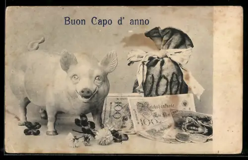 AK Glücksschwein, Geldsack, Banknoten, Glücksklee, Buon Capo d` anno