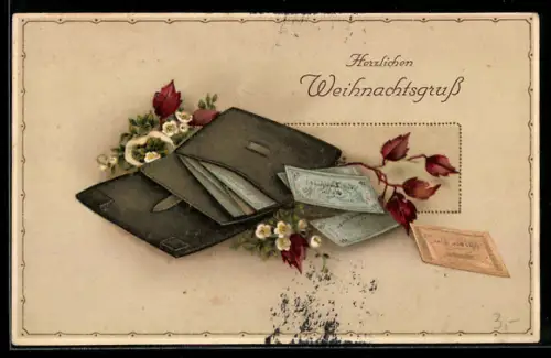 AK Geldbörse mit Geldscheinen, Blumen, Weihnachtsgruss