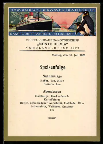 AK Menükarte des Passagierschiffes Monte Olivia, Nordland-Reise Juli 1927, Felsenlandschaft und Pinguine
