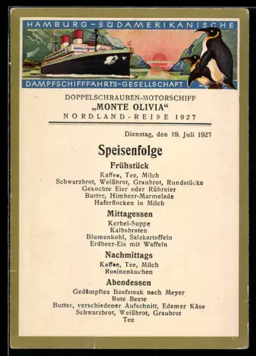 AK Menükarte des Passagierschiffes Monte Olivia, Nordland-Reise Juli 1927, Felsenlandschaft und Pinguine