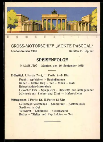 AK Menükarte des Passagierschiffes Monte Pascoal, London-Reisen September 1935, Brandenburger Tor
