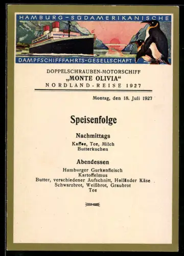 AK Menükarte des Passagierschiffes Monte Olivia, Nordland-Reise Juli 1927, Felsenlandschaft und Pinguine