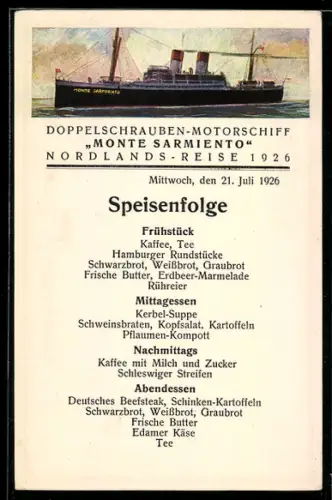 AK Menükarte des Passagierschiffes Monte Sarmiento, Nordland-Reise Juli 1926