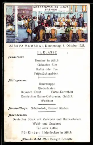 AK Menükarte des Passagierschiffes Sierra Morena, Seereise Oktober 1925, Speisesaal der III. Klasse
