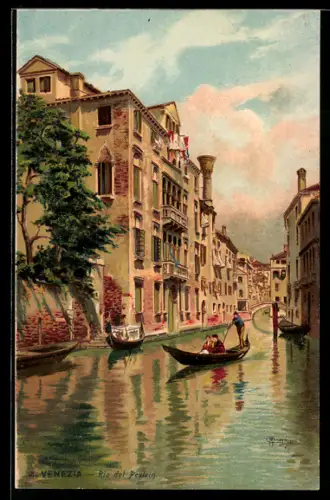 Künstler-Lithographie Venezia, Rio del Pestrin, Gondeln