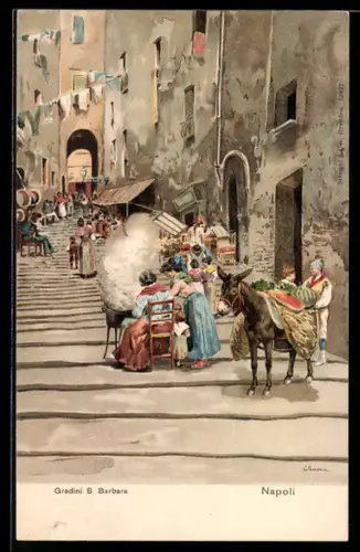 Künstler-AK Napoli, Gradini S. Barbara, Menschen und Esel auf einer Strasse