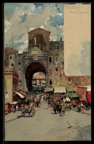 Lithographie Napoli, Porta Capuana con gente, carrozze e mercato
