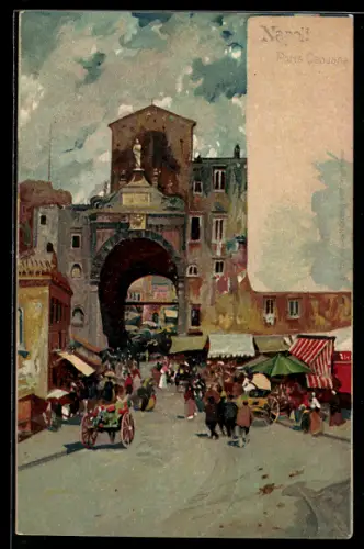 Lithographie Napoli, Porta Capuana con gente, carrozze e mercato