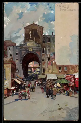 Lithographie Napoli, Porta Capuana con gente, carrozze e mercato